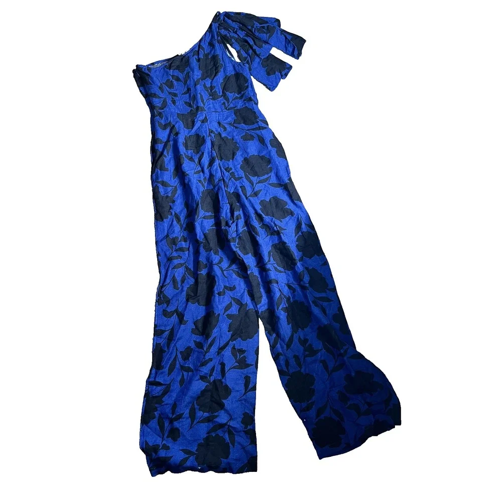 Kate Spade Jumpsuit Womens 6 Blue Black Floral One Shoulder Wide Leg Linen Blend
